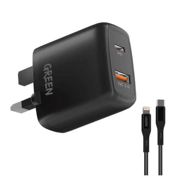 جرين ليون شاحن حائط مزدوج منفذ USB PD + QC3.0 20 واط مع كابل PVC Type-C إلى Lightning بطول 1.2 متر