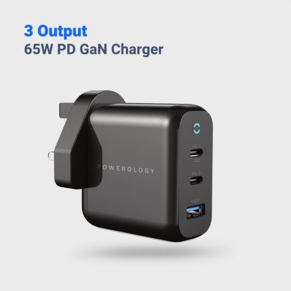 بوويرولوجي 3-الناتج 65 واط بد غان شاحن مع تعبئة سريعة USB-A (المملكة المتحدة)